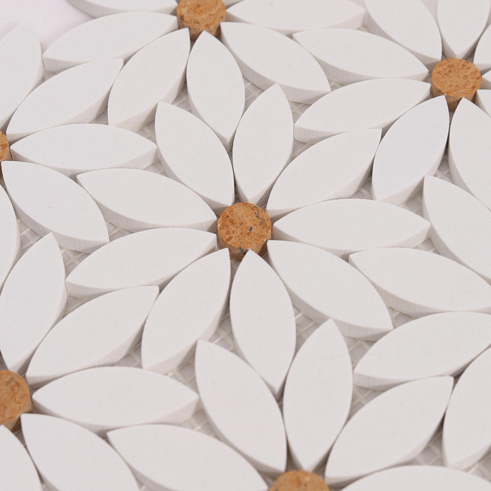 White Waterjet Sunflower Marble Mosaic Tile — mosaic hoa văn waterjet bằng đá marble trắng