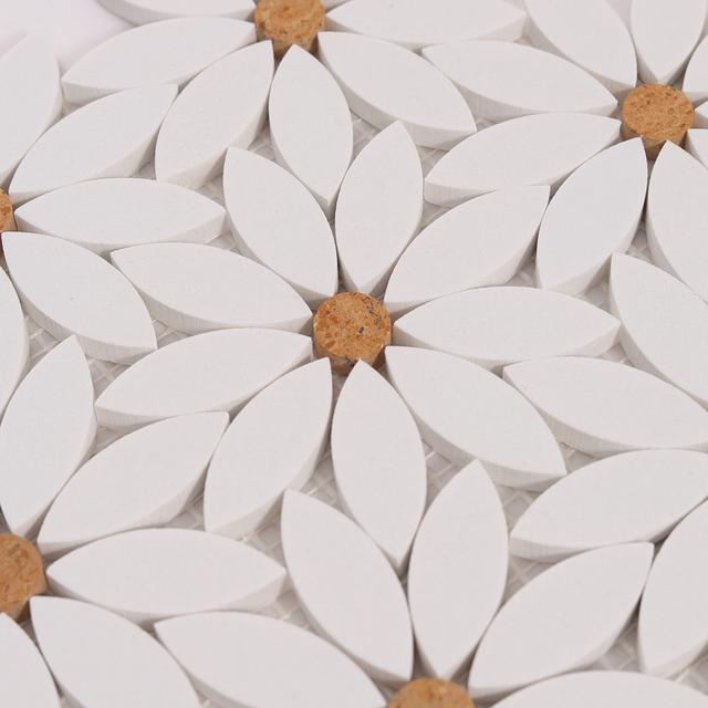 White Waterjet Sunflower Marble Mosaic Tile — mosaic hoa văn waterjet bằng đá marble trắng