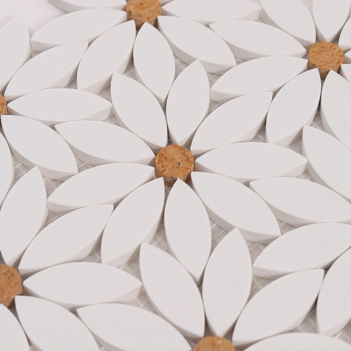 White Waterjet Sunflower Marble Mosaic Tile — mosaic hoa văn waterjet bằng đá marble trắng