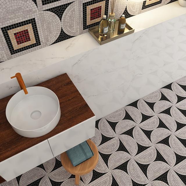 Black and White Semicircle Handmade Mosaic Tiles — mosaic ghép nghệ thuật bằng đá marble đen & trắng