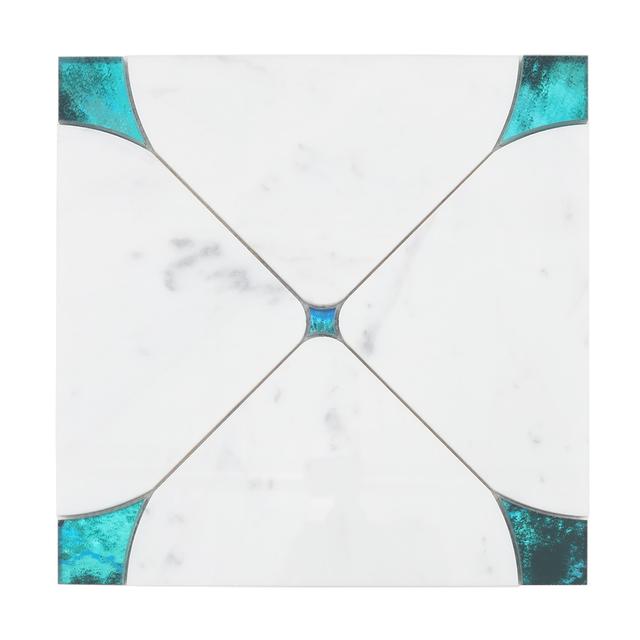 White Marble and Blue Glass Waterjet Mosaic Tile — mosaic hoa văn waterjet bằng đá marble trắng & xanh dương