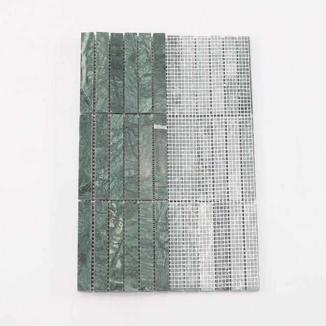 Green Marble Vertical Strip Tile Mosaic Kitchen Backsplash — mosaic thanh dài (linear) bằng đá marble xanh lục