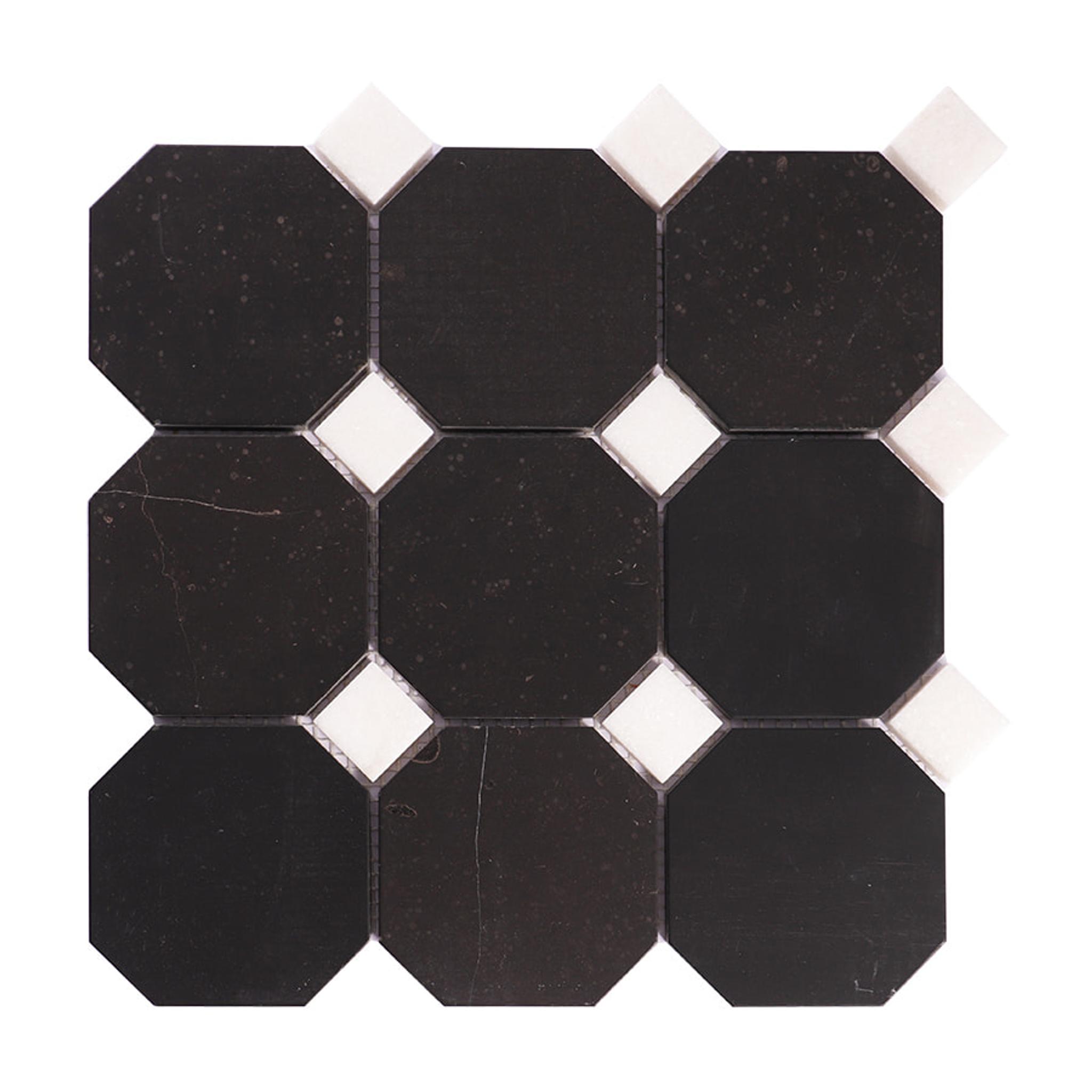 Black Octagon Marble With White Dot Mosaic floor Tile — mosaic ghép nghệ thuật bằng đá marble đen & trắng