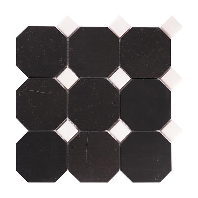 Black Octagon Marble With White Dot Mosaic floor Tile — mosaic ghép nghệ thuật bằng đá marble đen & trắng