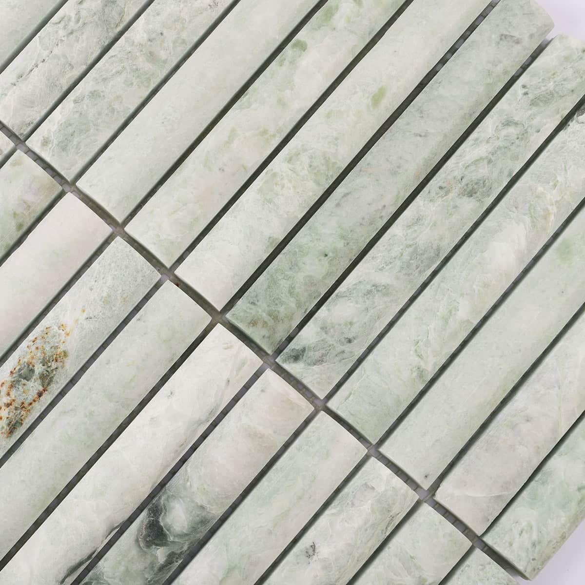 Light Green Fluted Marble Strip Mosaic Tile Backsplash Wall — mosaic rãnh sọc (fluted) bằng đá marble xanh lục