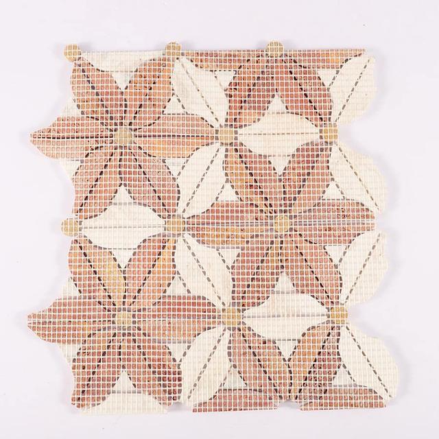 Red Travertine and White Flower Marble Floor Tile — mosaic hoa văn waterjet bằng đá travertine trắng & đỏ