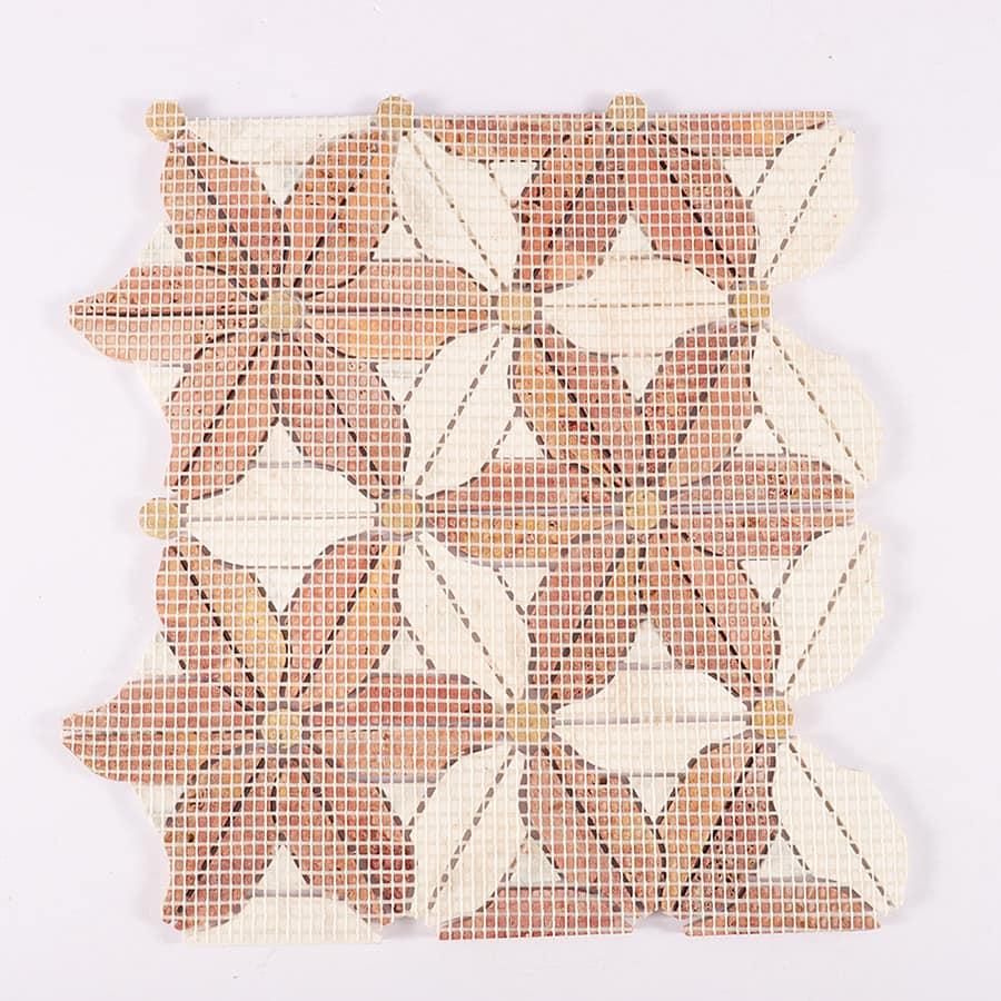 Red Travertine and White Flower Marble Floor Tile — mosaic hoa văn waterjet bằng đá travertine trắng & đỏ