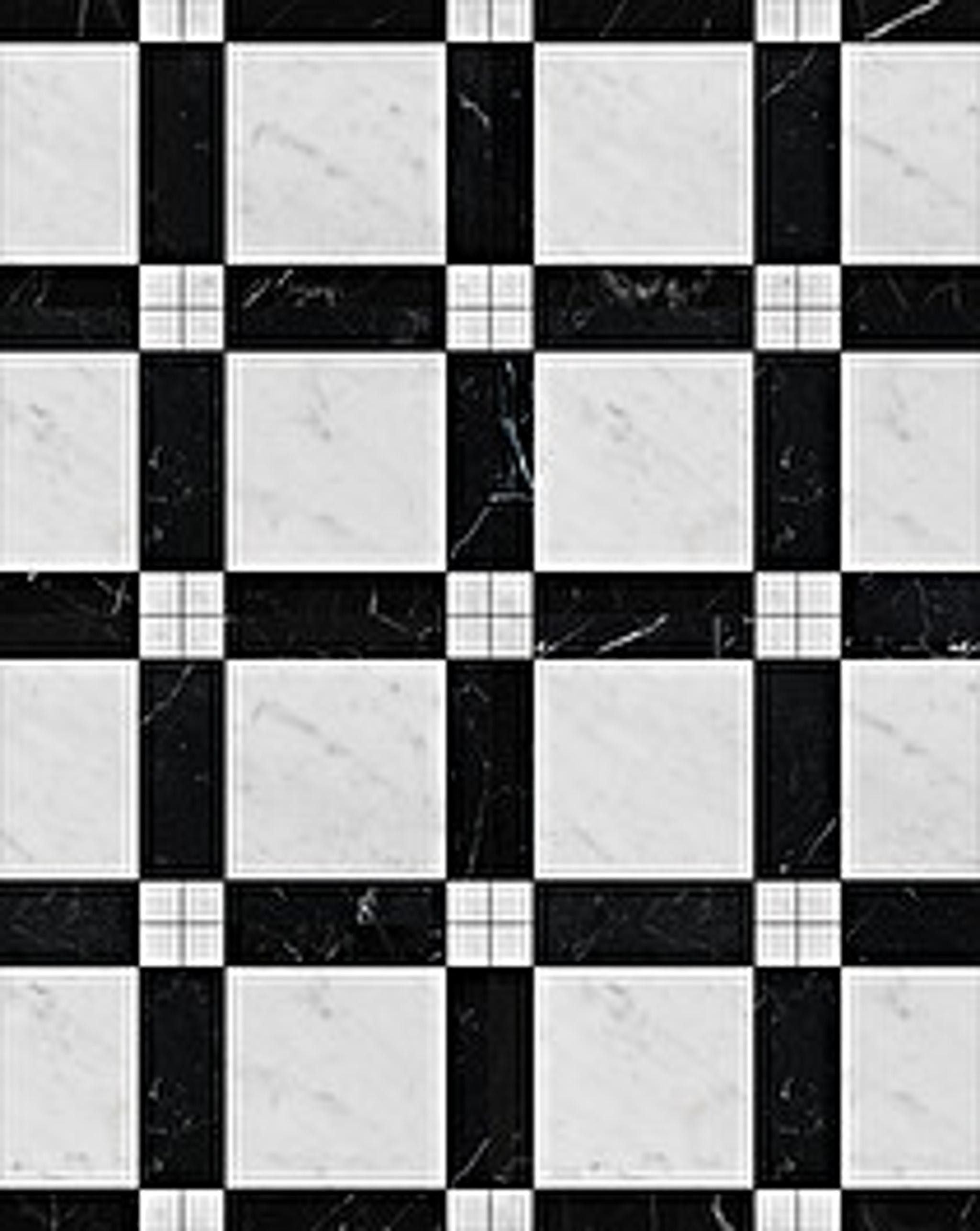 Sàn họa tiết marble Petit Marbre Carré — Carrara trắng và Marquina đen, Rochelle Couture