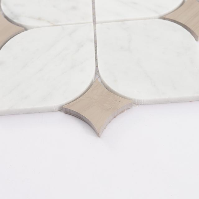 White Arabesque Marble Mosaic Tile with Beige Star Accents — mosaic arabesque bằng đá marble trắng & beige