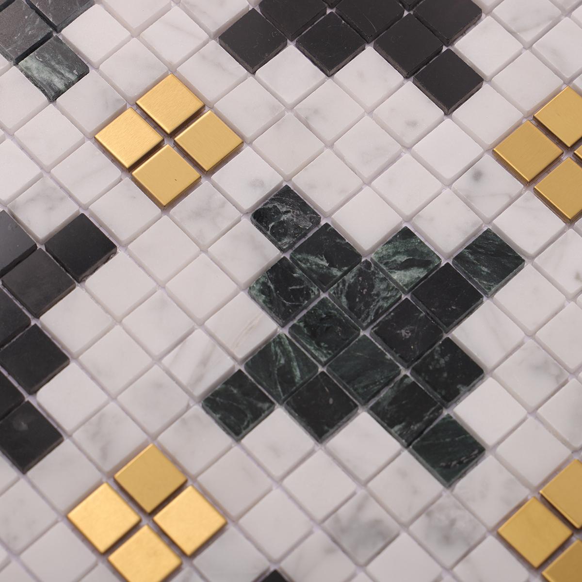 Green White Mix Gold Marble Metal Square Mosaic Tiles — mosaic vuông bằng đá marble trắng & xanh lục