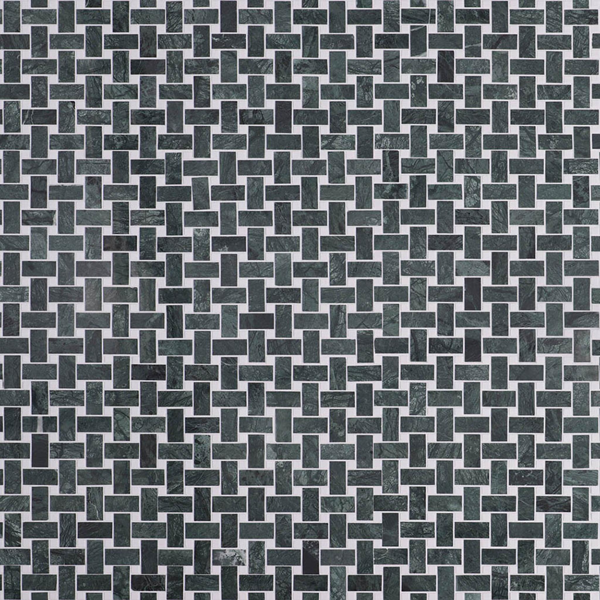 Verde Green and White Marble Basketweave Mosaic Tiles — mosaic đan rổ (basketweave) bằng đá marble trắng & xanh lục