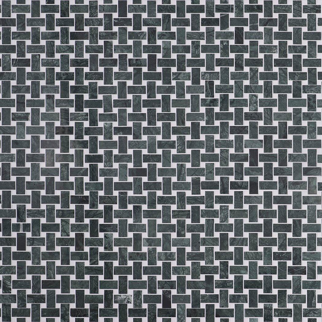 Verde Green and White Marble Basketweave Mosaic Tiles — mosaic đan rổ (basketweave) bằng đá marble trắng & xanh lục
