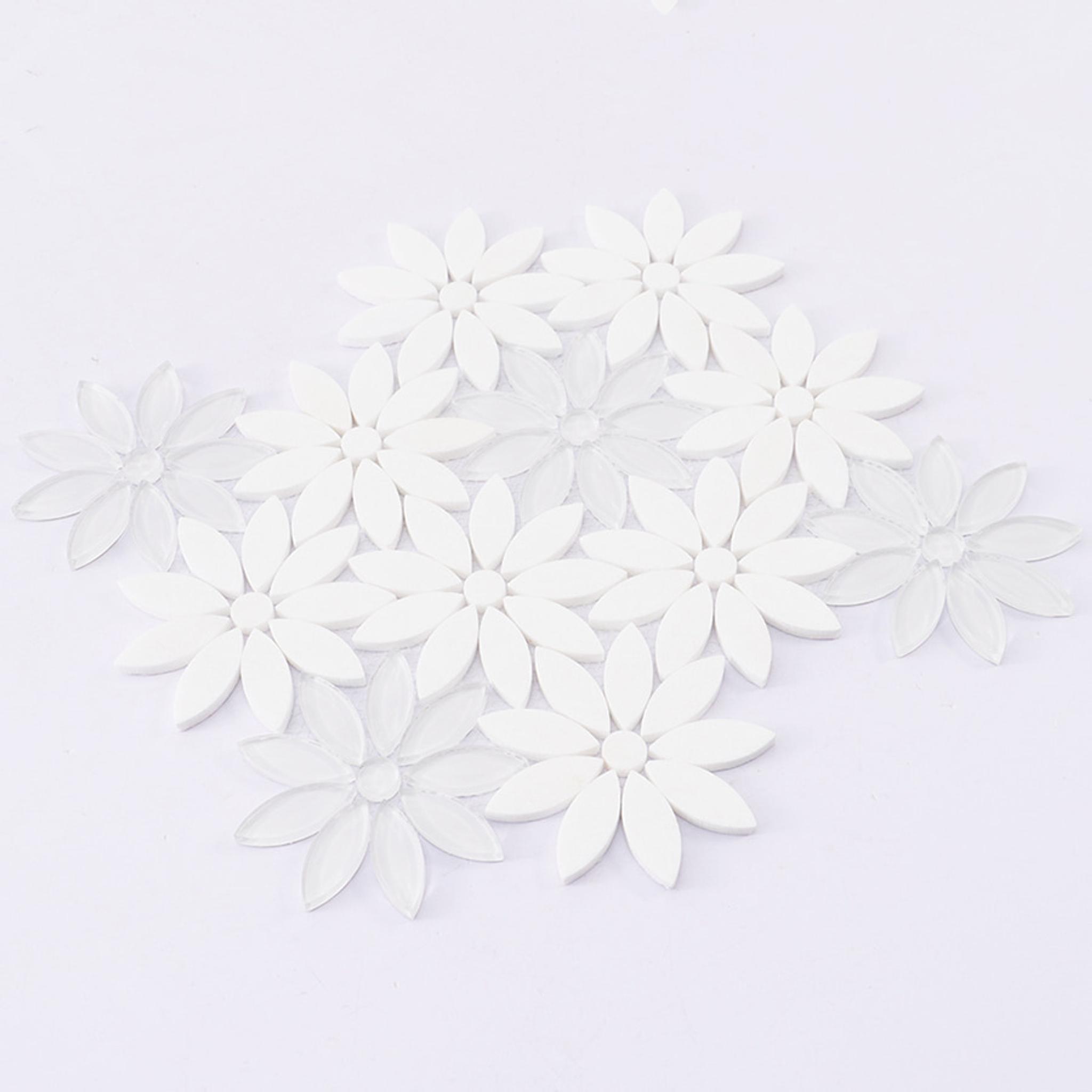 White Glass and Marble Daisy Flower Mosaic Tile for Wall and Floor — mosaic hoa văn waterjet bằng đá marble trắng