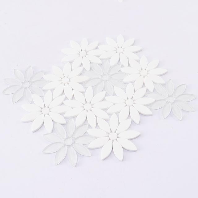 White Glass and Marble Daisy Flower Mosaic Tile for Wall and Floor — mosaic hoa văn waterjet bằng đá marble trắng