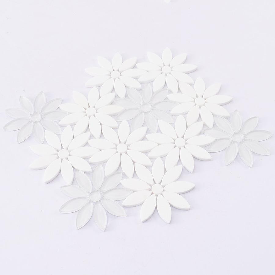 White Glass and Marble Daisy Flower Mosaic Tile for Wall and Floor — mosaic hoa văn waterjet bằng đá marble trắng