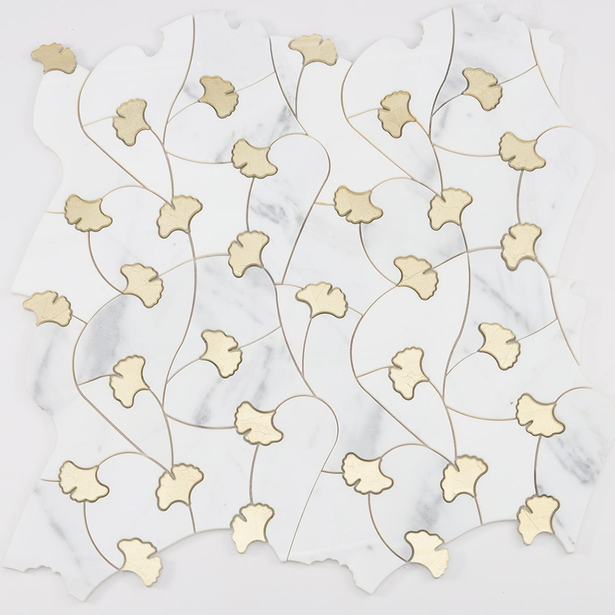 White Marble Gold Glass Waterjet Floral Mosaic Tile — mosaic hoa văn waterjet bằng đá marble trắng & vàng