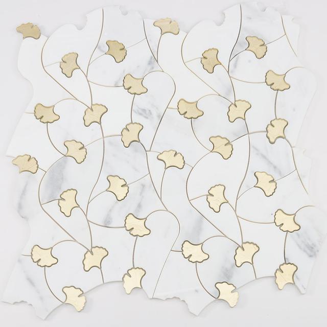 White Marble Gold Glass Waterjet Floral Mosaic Tile — mosaic hoa văn waterjet bằng đá marble trắng & vàng