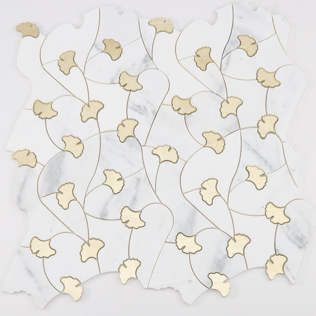 White Marble Gold Glass Waterjet Floral Mosaic Tile — mosaic hoa văn waterjet bằng đá marble trắng & vàng
