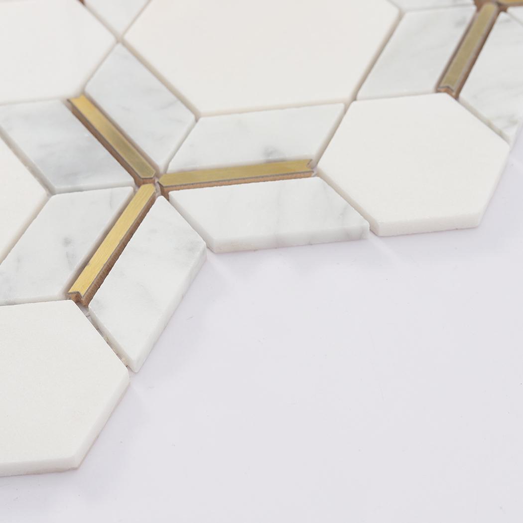 White Hexagon Marble Mosaic Tile with Gold Metal Line Inserts — mosaic lục giác bằng đá marble trắng & vàng