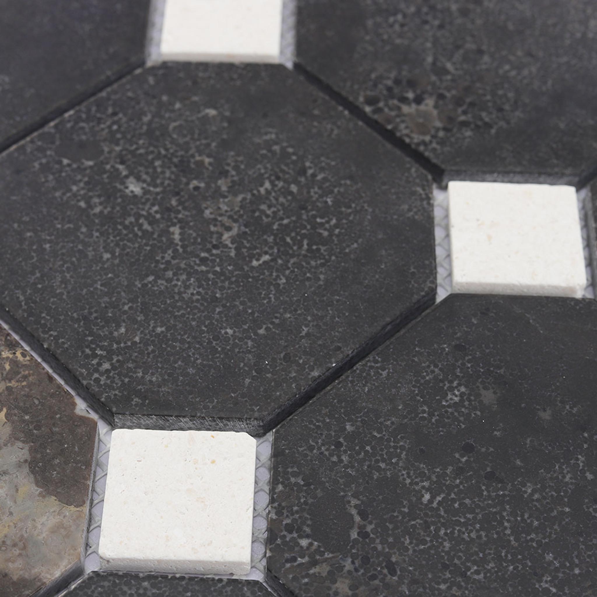 Dark Brown Octagon Marble Mosaic Tile with White Dot Inserts — mosaic ghép nghệ thuật bằng đá marble trắng & nâu