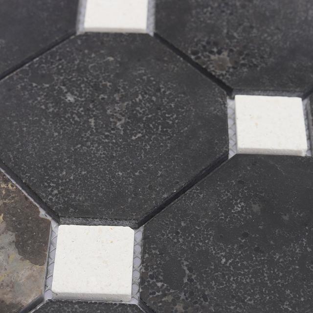 Dark Brown Octagon Marble Mosaic Tile with White Dot Inserts — mosaic ghép nghệ thuật bằng đá marble trắng & nâu