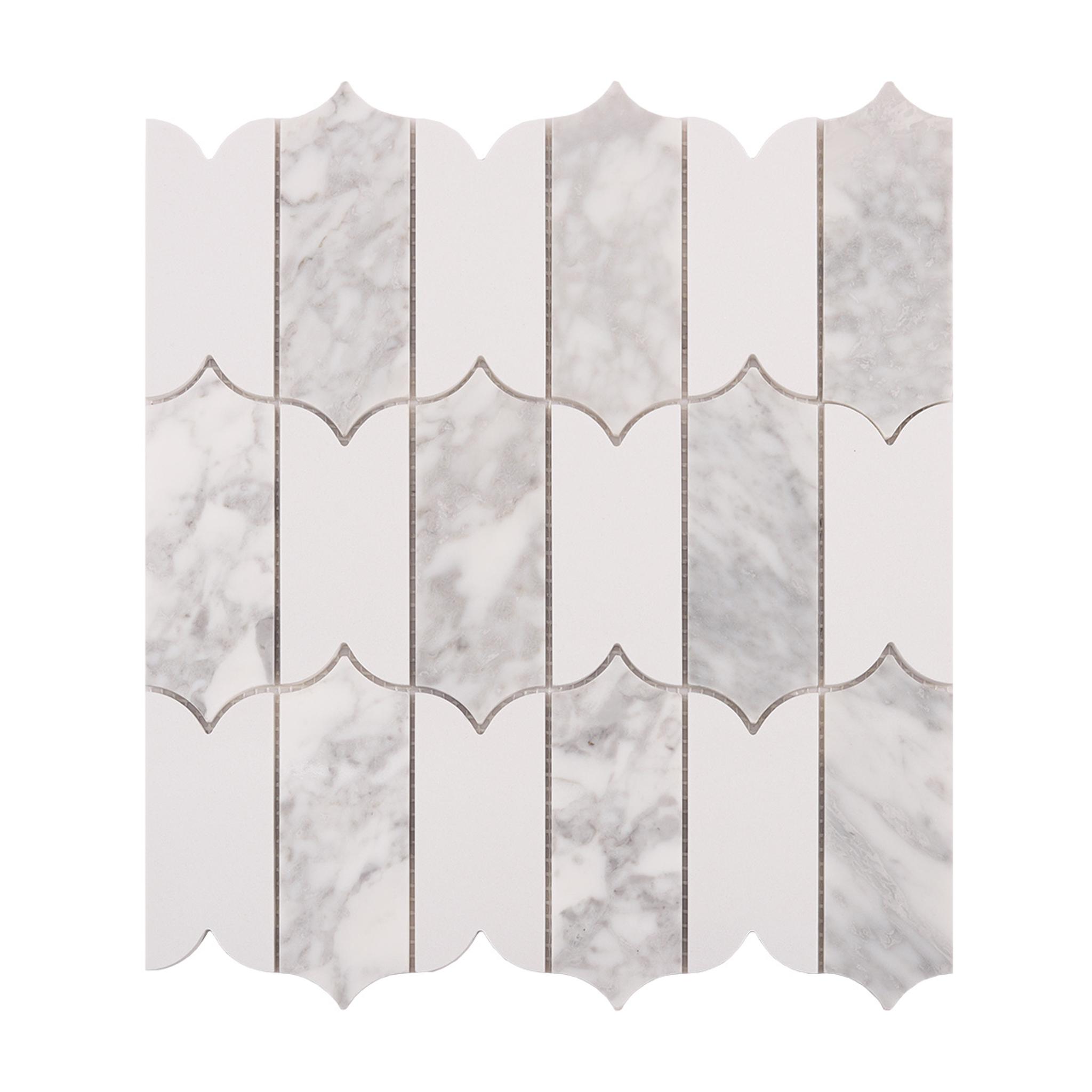 Scalloped Long Arabesque Mosaic Tile — mosaic vảy cá (fish scale) bằng đá marble trắng & trắng Carrara