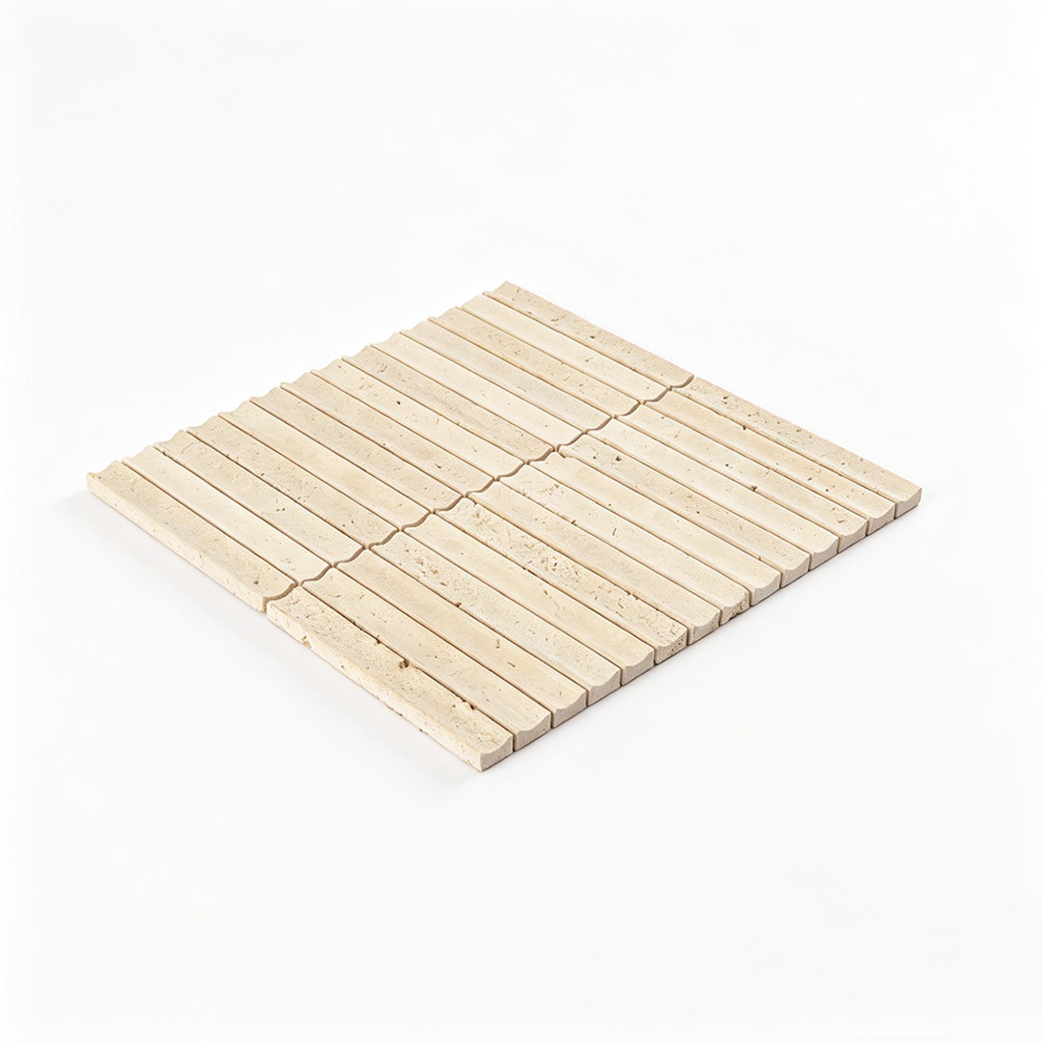 Beige Travertine Stacked Mosaic Curved Fluted Backsplash Tile — mosaic rãnh sọc (fluted) bằng đá travertine beige