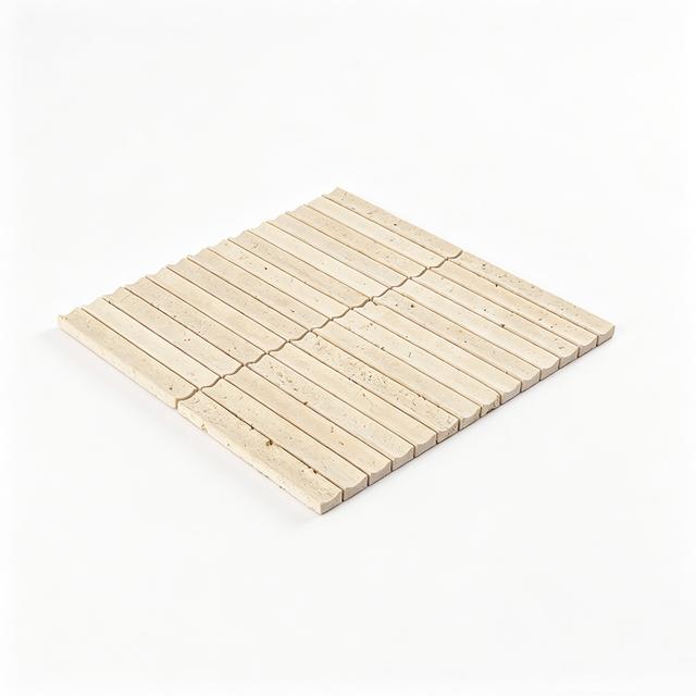 Beige Travertine Stacked Mosaic Curved Fluted Backsplash Tile — mosaic rãnh sọc (fluted) bằng đá travertine beige