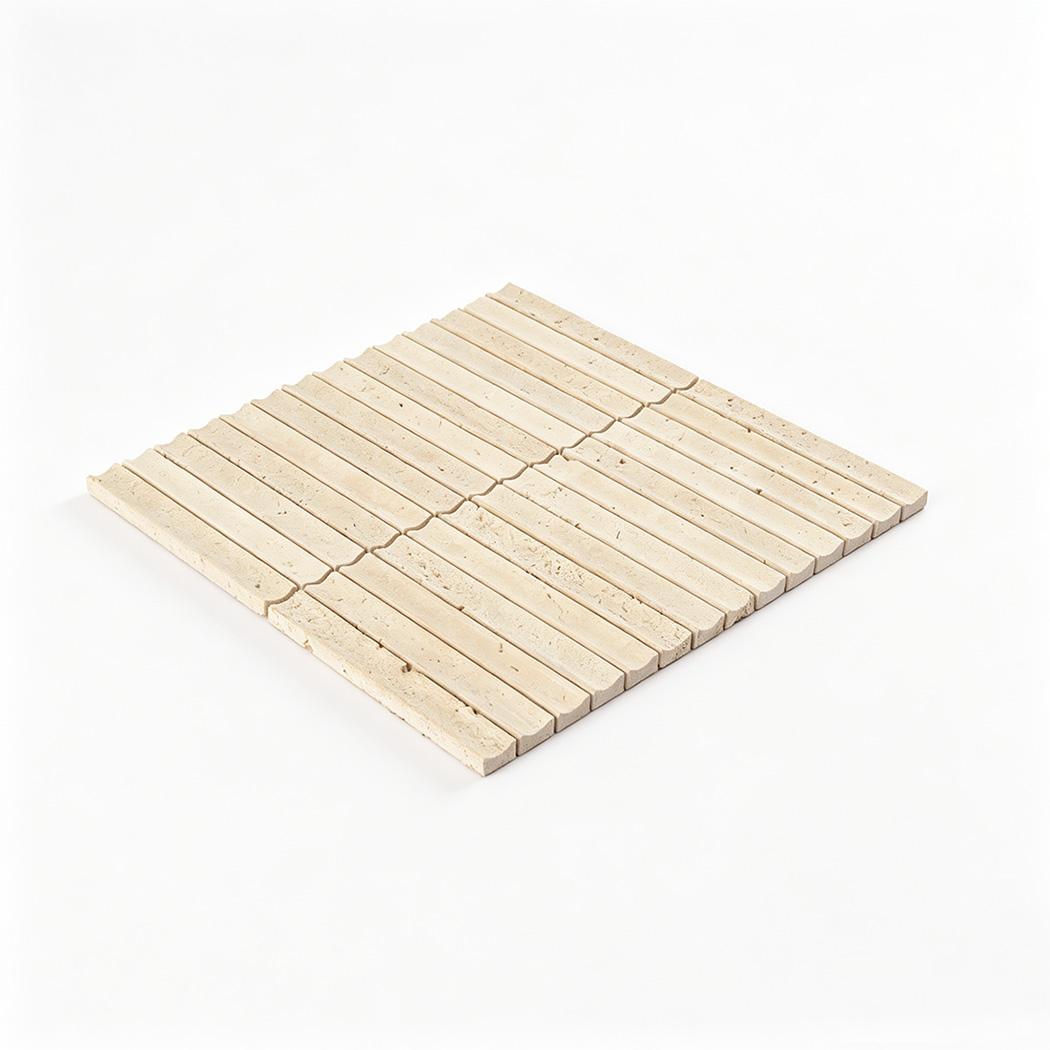 Beige Travertine Stacked Mosaic Curved Fluted Backsplash Tile — mosaic rãnh sọc (fluted) bằng đá travertine beige