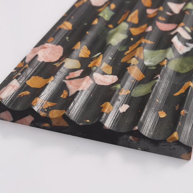 3D Black Terrazzo Fluted Tile with Colorful Stone Fragments — mosaic rãnh sọc (fluted) bằng đá terrazzo đen