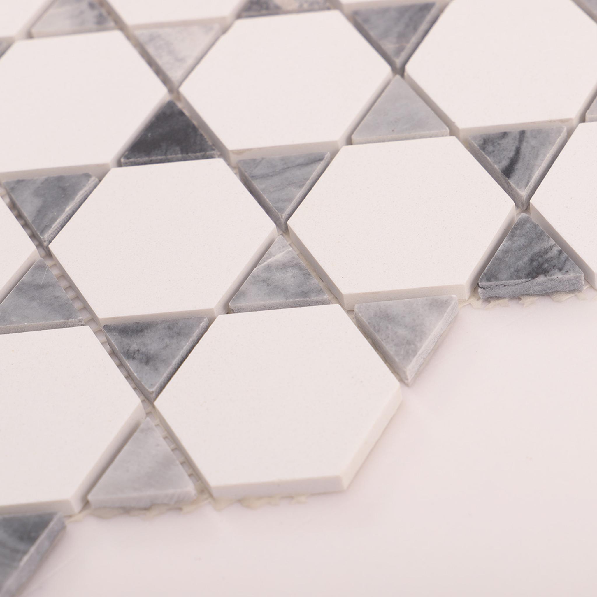White and Gray Triangle Marble Mosaic Wall Tiles — mosaic lục giác bằng đá marble trắng & xám