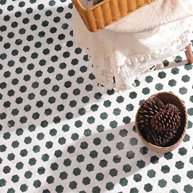 Green and White Lattice Marble Mosaic Tiles — mosaic ghép nghệ thuật bằng đá marble trắng & xanh lục