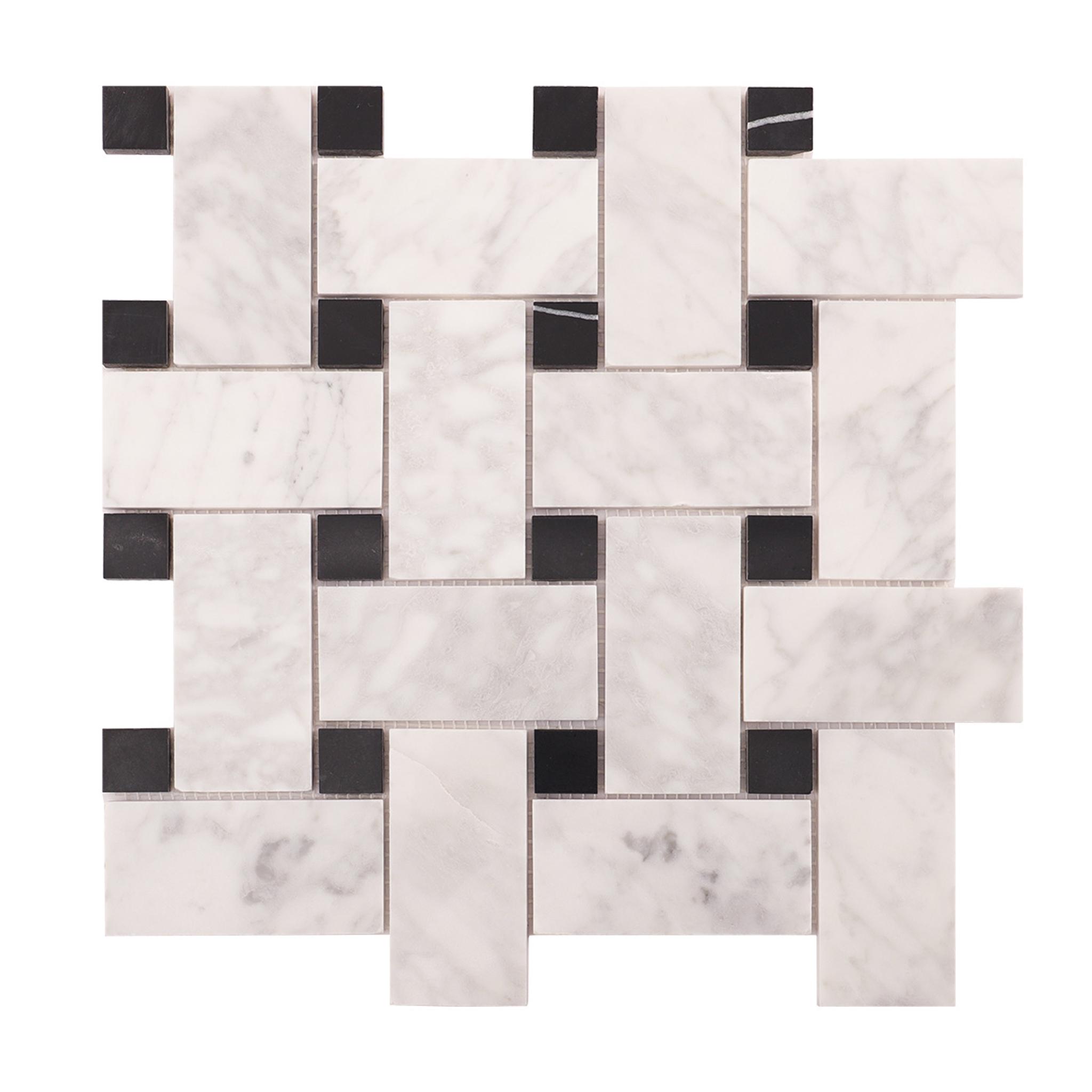 Carrara White Basketweave Marble Mosaic Tiles — mosaic đan rổ (basketweave) bằng đá marble trắng & trắng Carrara