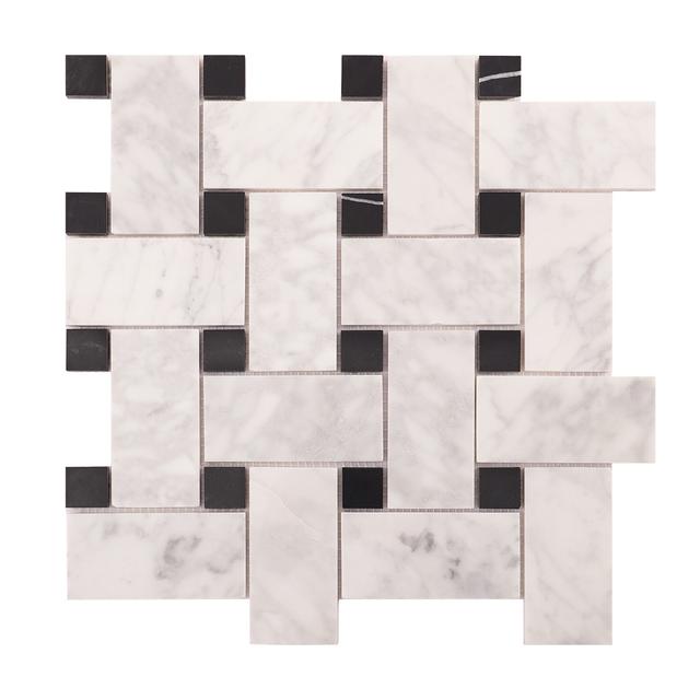 Carrara White Basketweave Marble Mosaic Điểm Nút Đen — Rochelle Rochelle Stone