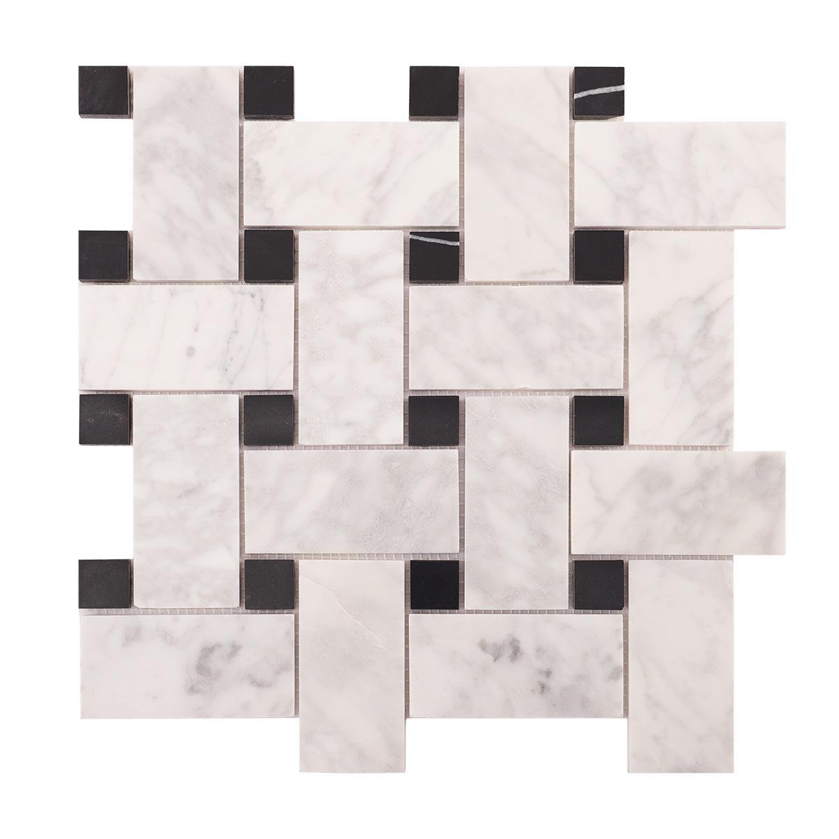 Carrara White Basketweave Marble Mosaic Tiles — mosaic đan rổ (basketweave) bằng đá marble trắng & trắng Carrara