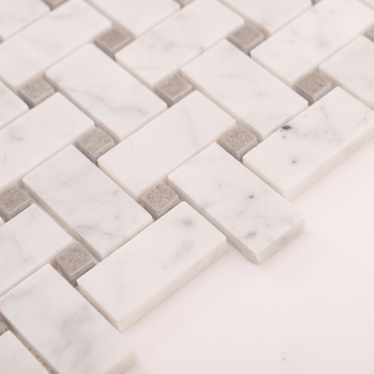 Carrara White Basketweave Marble Mosaic — mosaic đan rổ (basketweave) bằng đá marble trắng Carrara