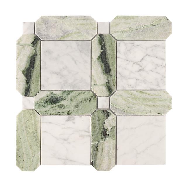 Carrara White and Green Geometric Pattern Marble Mosaic Tile — mosaic ghép nghệ thuật bằng đá marble trắng & xanh lục