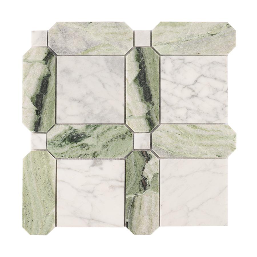 Carrara White and Green Geometric Pattern Marble Mosaic Tile — mosaic ghép nghệ thuật bằng đá marble trắng & xanh lục