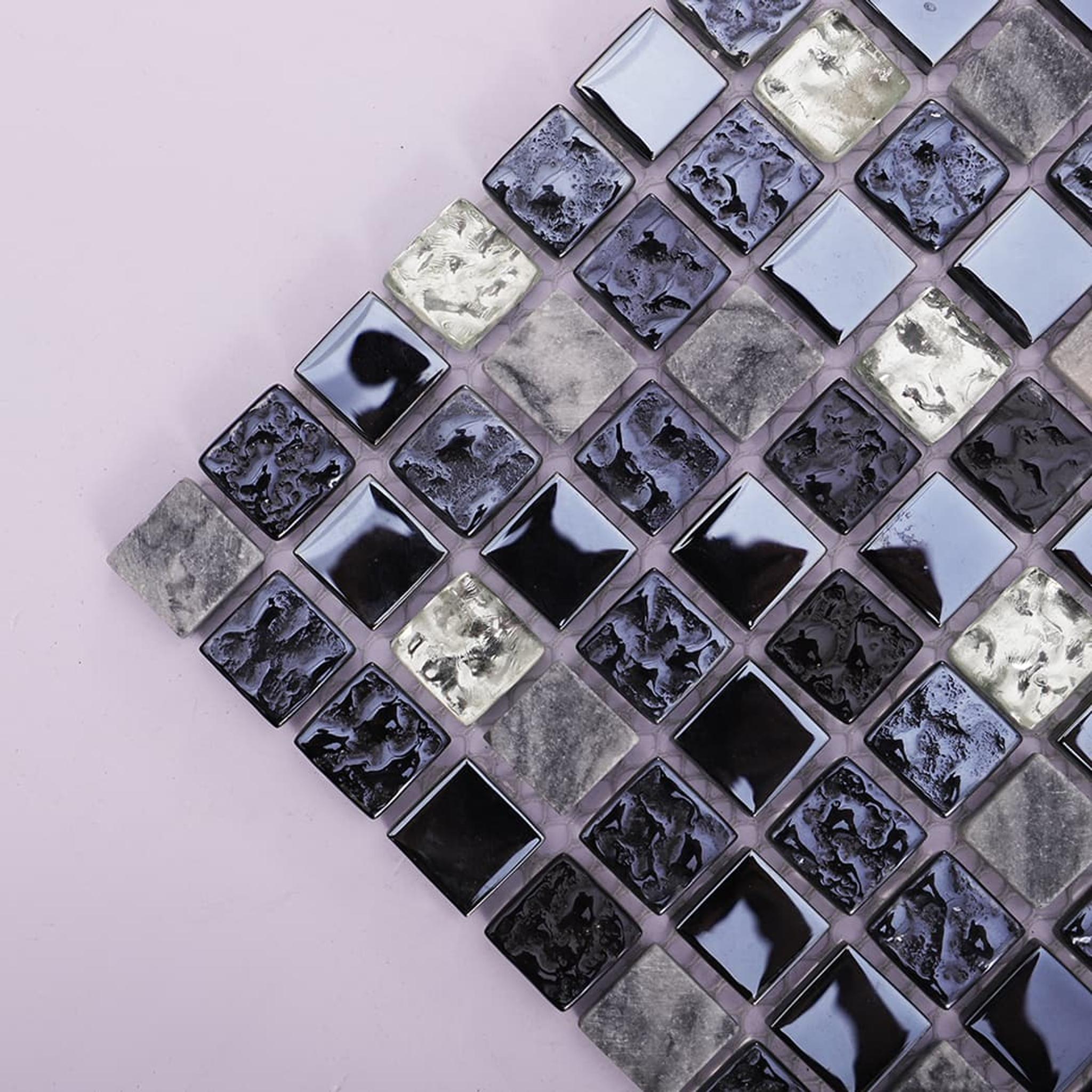 Black Silver Glass and Stone Mosaic Tile For Wall and Floor — mosaic ghép nghệ thuật bằng thủy tinh đen & bạc