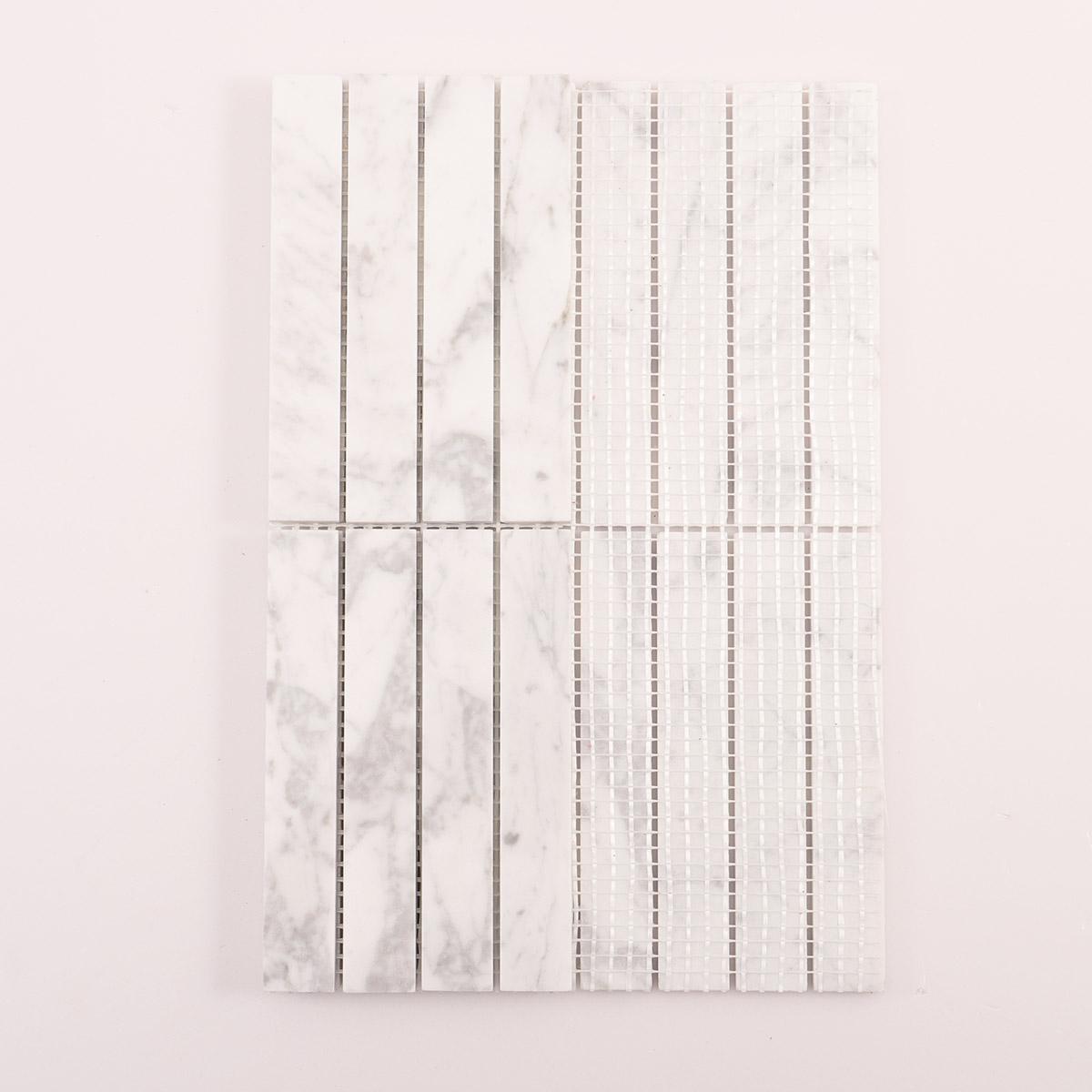 White Carrara Stacked Polished Marble Mosaic Tiles — mosaic thanh dài (linear) bằng đá marble trắng & trắng Carrara