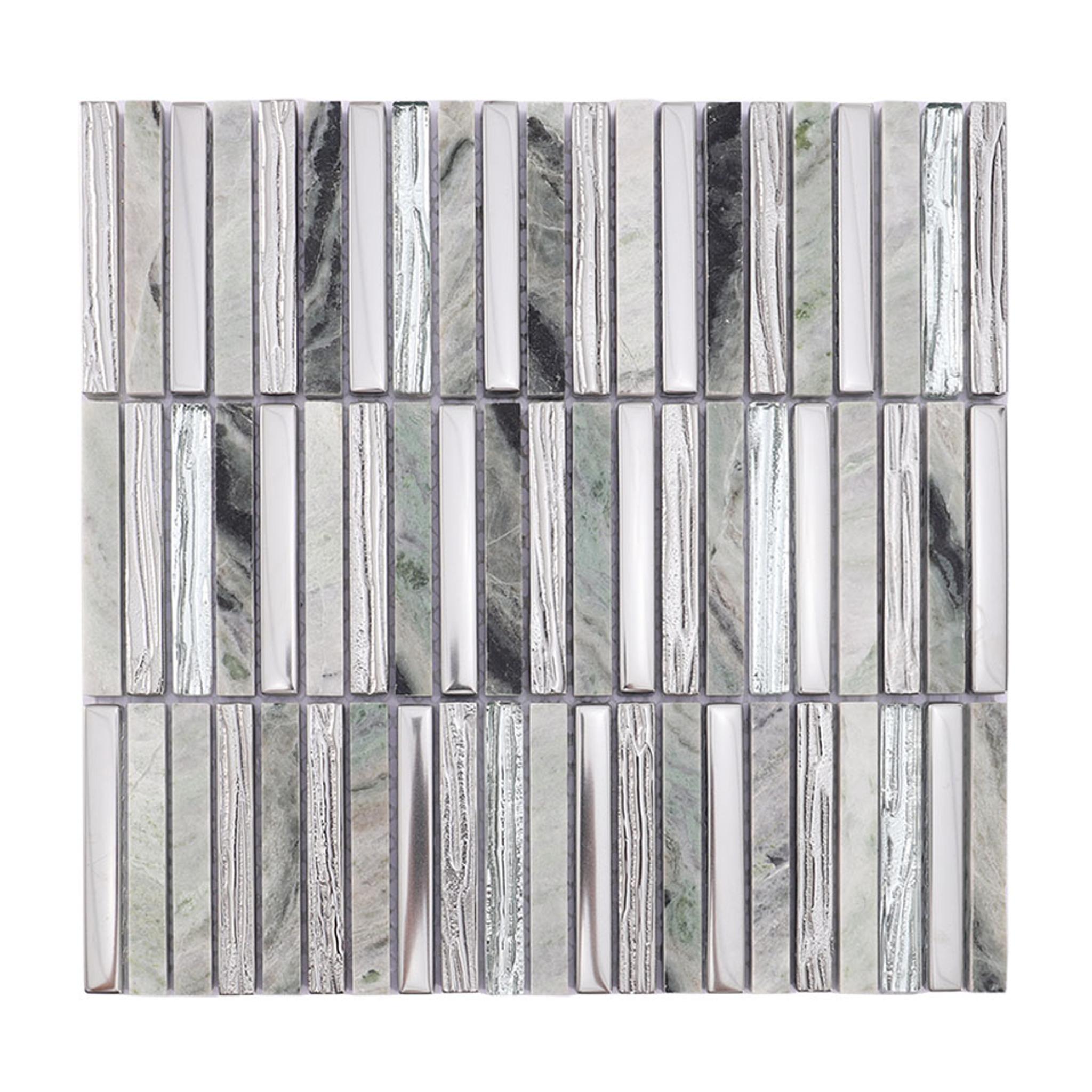 Silver Glass and Emerald Green Marble Mosaic Linear Tile — mosaic thanh dài (linear) bằng đá marble xanh lục & bạc