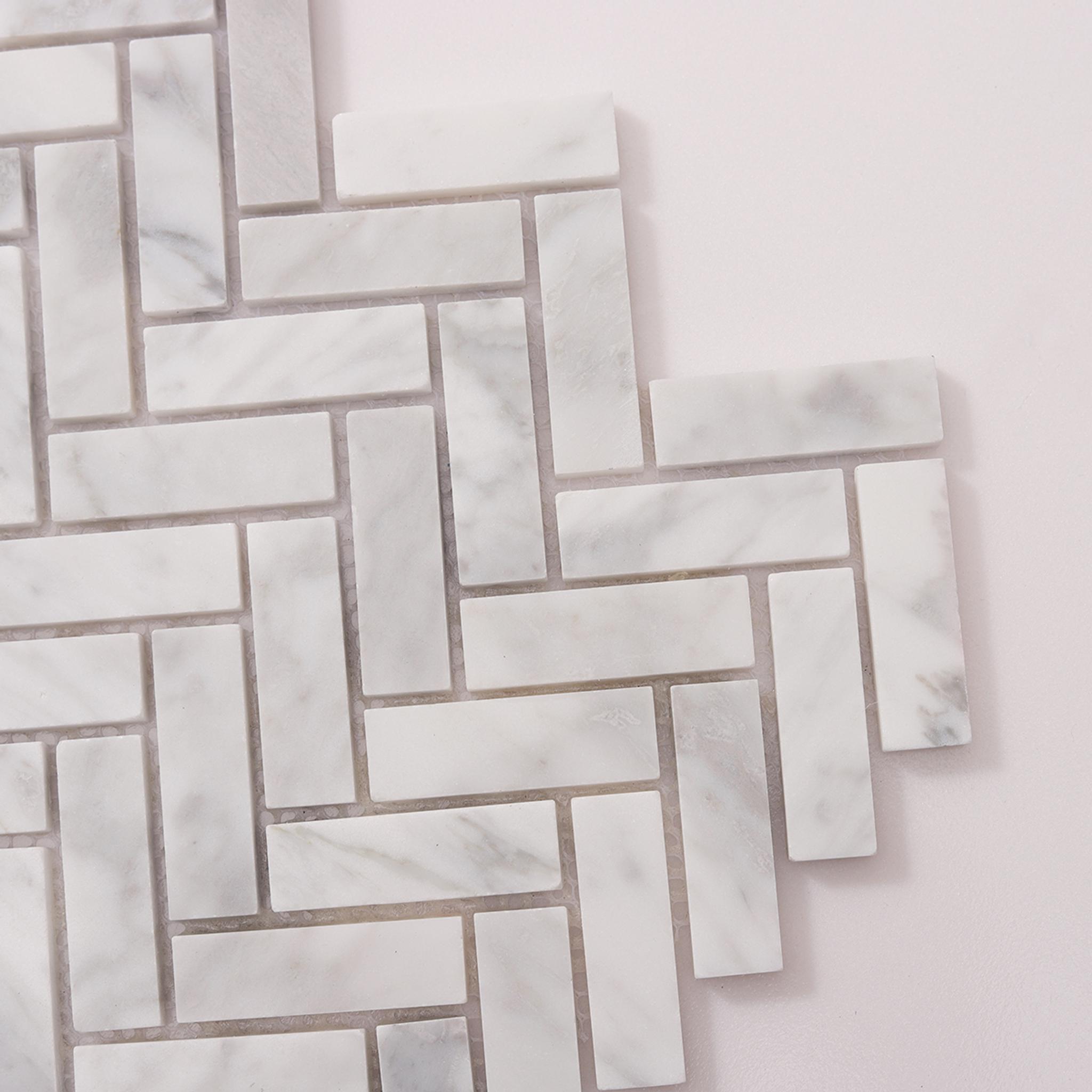 Carrara White Herringbone Polished Marble Mosaic — mosaic xương cá bằng đá marble trắng Carrara