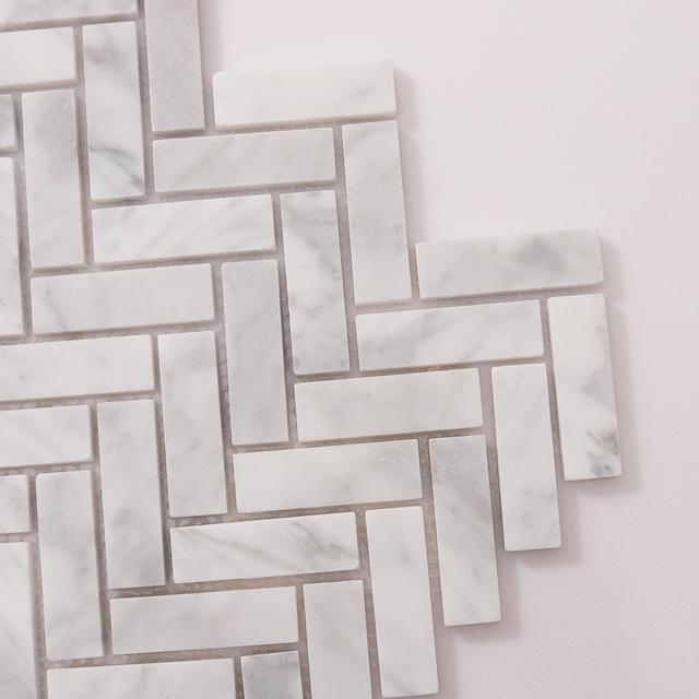Carrara White Herringbone Polished Marble Mosaic — mosaic xương cá bằng đá marble trắng Carrara