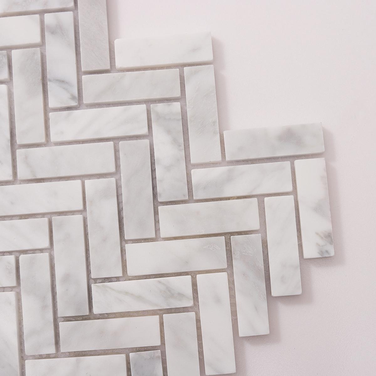 Carrara White Herringbone Polished Marble Mosaic — mosaic xương cá bằng đá marble trắng Carrara