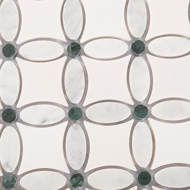White and Green Floral Marble Floor Tile — mosaic hoa văn waterjet bằng đá marble trắng & xanh lục