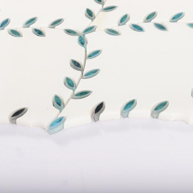 White Marble with Blue Glass Leaf Shaped Waterjet Mosaic Tile — mosaic hoa văn waterjet bằng đá marble trắng & xanh dương