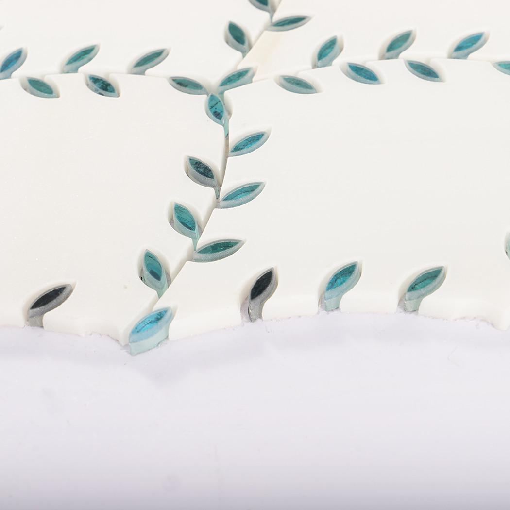White Marble with Blue Glass Leaf Shaped Waterjet Mosaic Tile — mosaic hoa văn waterjet bằng đá marble trắng & xanh dương