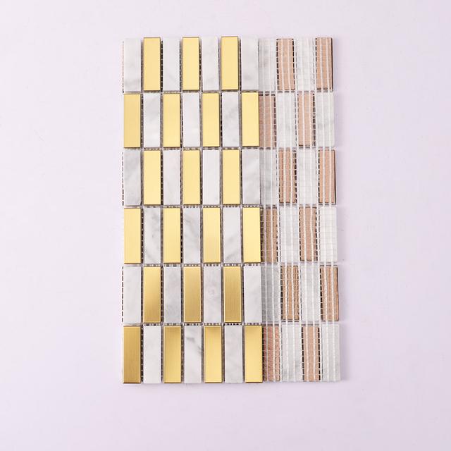 White Marble and Gold Metal Checkerboard Mosaic Tiles — mosaic ghép nghệ thuật bằng đá marble trắng & vàng