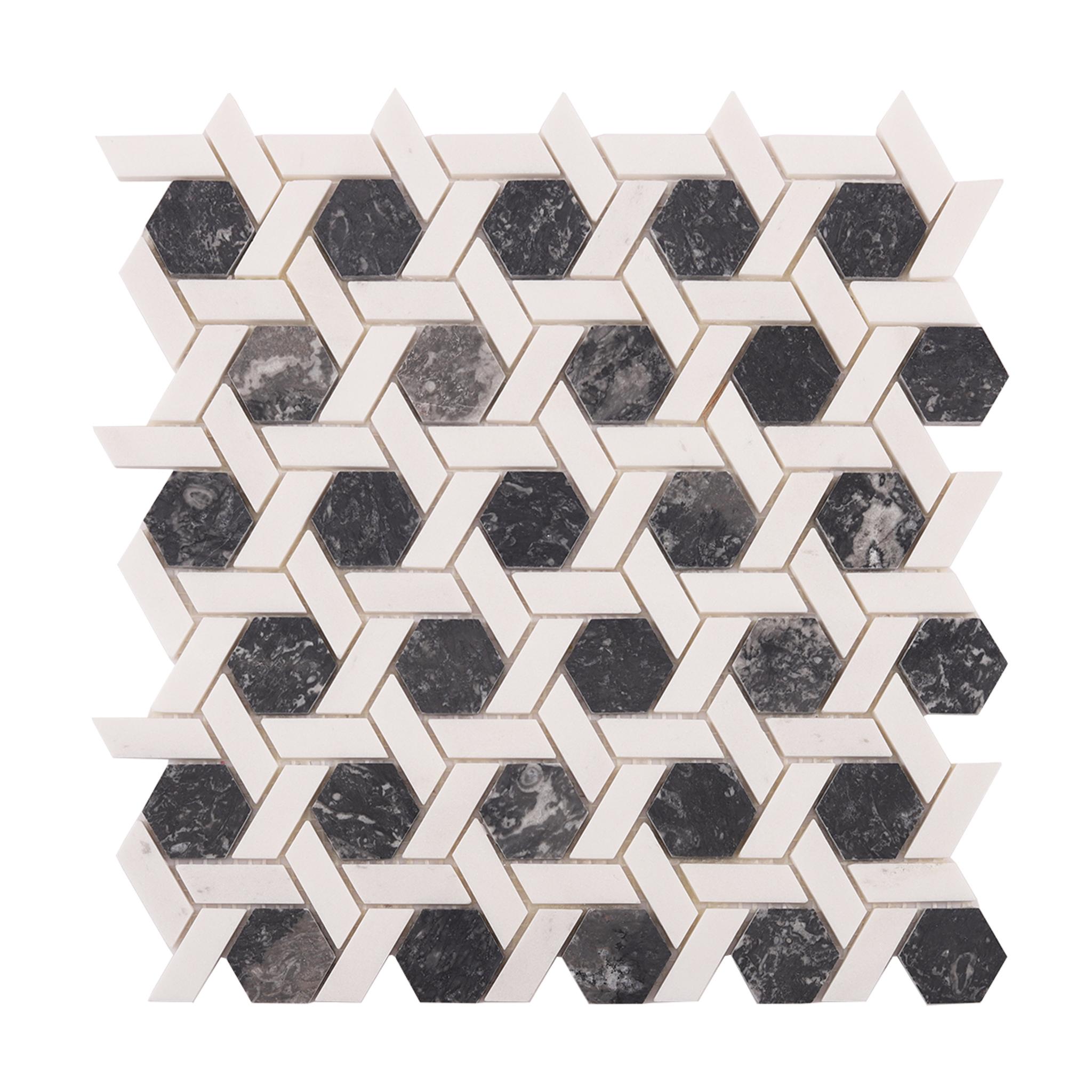 Gray and White Hexagonal Lattice Marble Tiles — mosaic lục giác bằng đá marble trắng & xám