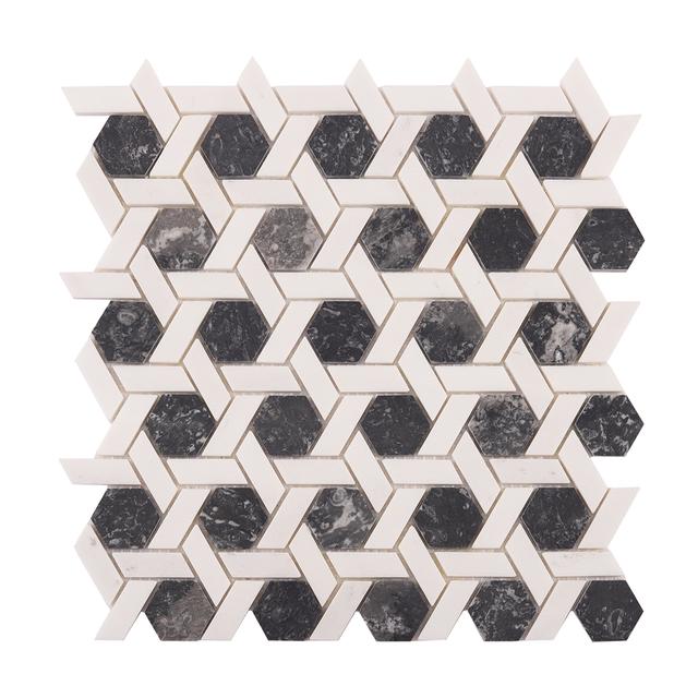 Gray and White Hexagonal Lattice Marble Tiles — mosaic lục giác bằng đá marble trắng & xám